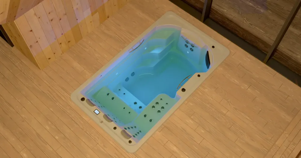 Swimspa interior de Aquavia Spa encastrado en una sala con suelo de madera
